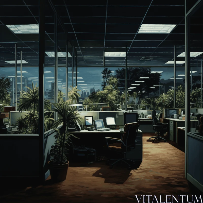 Enigmatic Office Space: Illuminated Landscapes and Mysterious Jungle AI Image