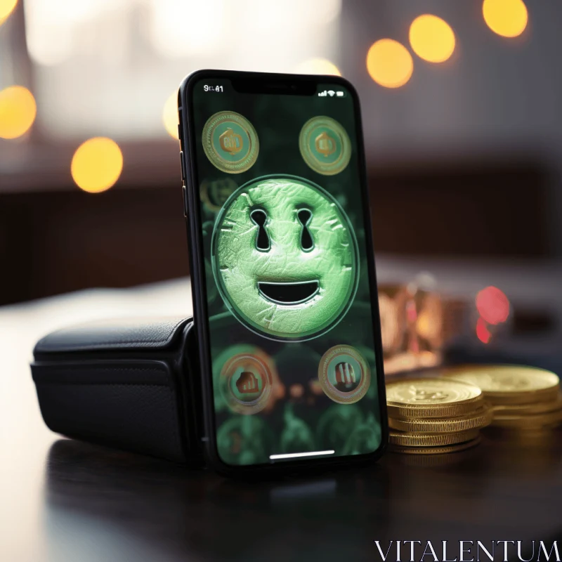 Futuristic Phone with Smiling Face and Money Bag - Captivating Atmosphere AI Image