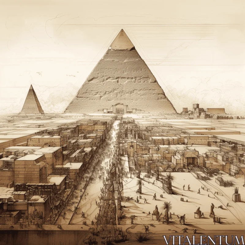 Hyperrealistic Fantasy Art: Ancient Pyramid of Giza and City in Sepia Tone AI Image