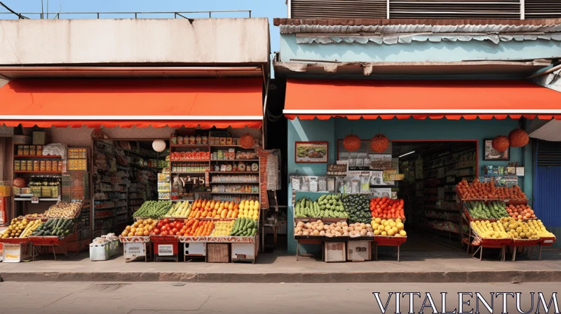 Fresh Fruit and Vegetable Store with Uncanny Juxtapositions and Modernist Street Scenes AI Image