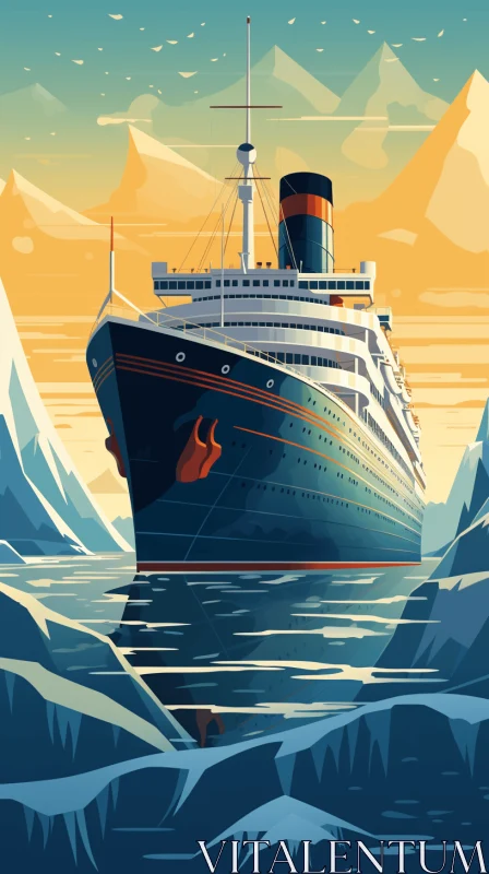 AI ART Vintage Poster Style Illustration of a Cruise Ship on Ice