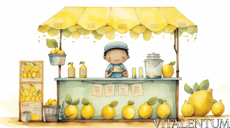 Charming Watercolor Illustration of a Lemon Shop for Children AI Image