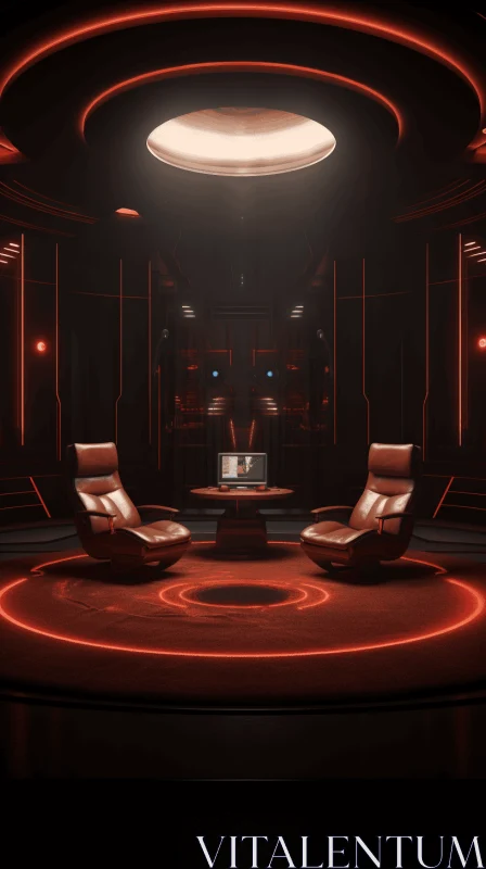 Futuristic Cybernetic Sci-Fi Room with Circular Lamp and Chairs AI Image