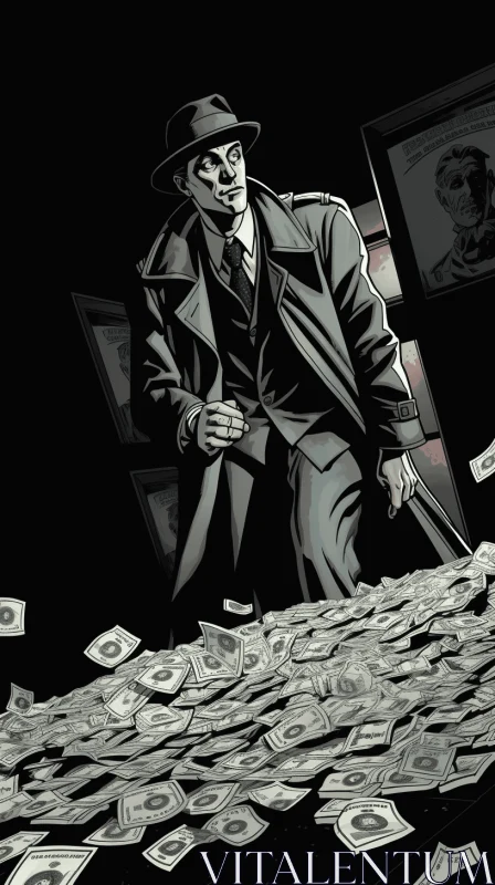 Noir Comic Book Illustration: Man Walking Amidst Piles of Money AI Image