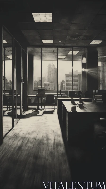 City Office in the Evening: Monochromatic Realism Art AI Image