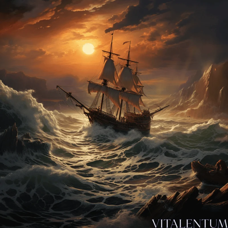 Ship Rushing Through Waves at Sunset - Highly Detailed Art Painting AI Image