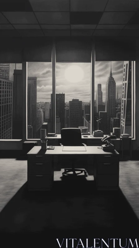 Captivating Office Desk with a View of a City | Monochromatic Realism AI Image