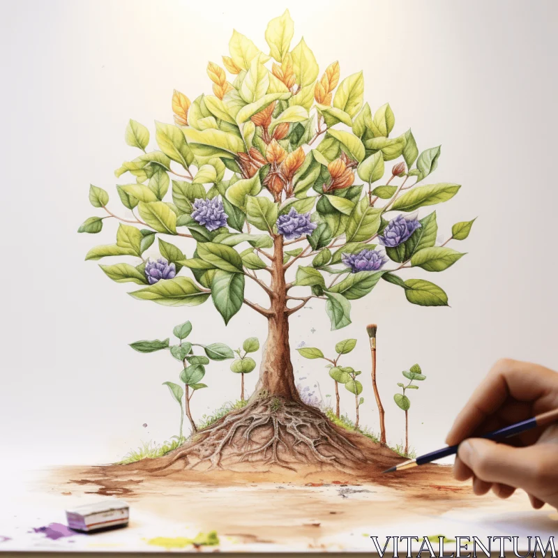 Detailed Botanical Illustration of a Tree with Dramatic Lighting AI Image
