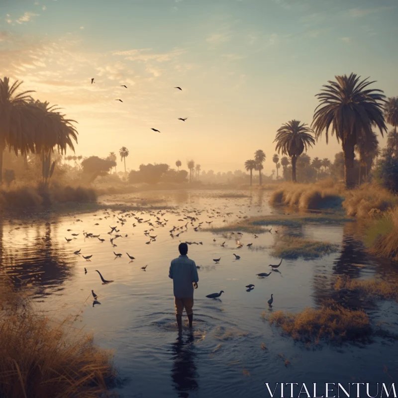 Captivating Nature Scene: Man Standing in River with Birds AI Image