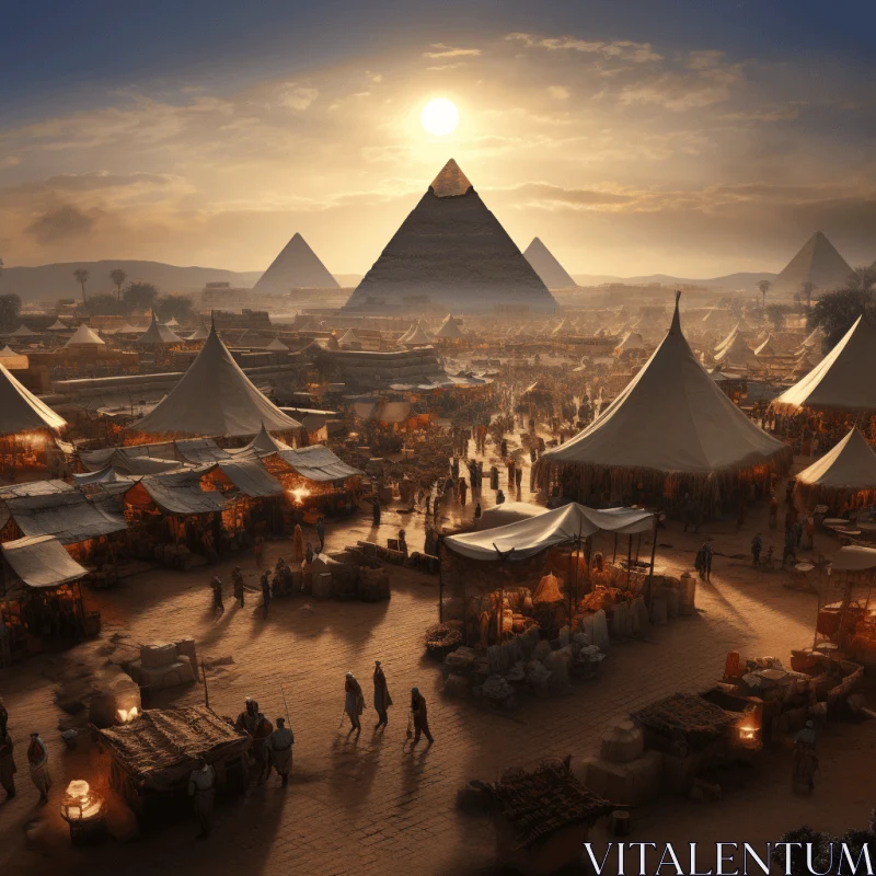 Ancient Egyptian Marketplace at Sunset with Pyramids - Hyper-realistic Sci-fi Art AI Image