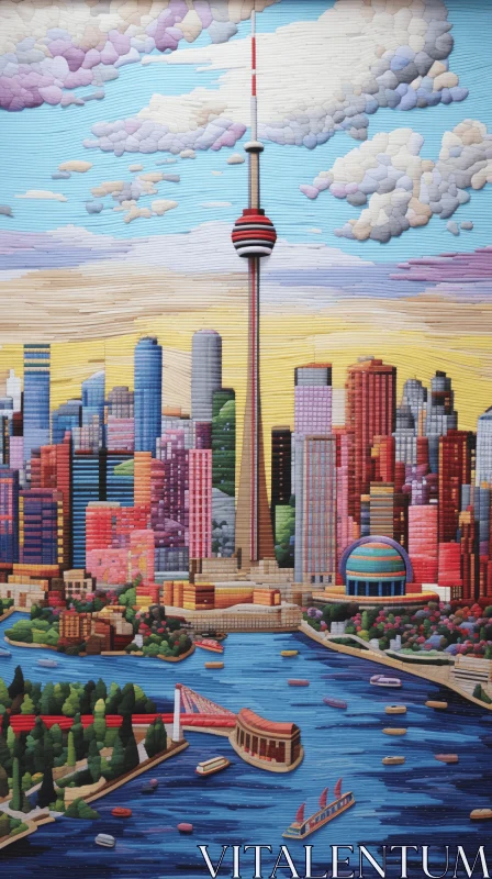 Captivating Cityscape: Toronto Skyline in Colorful Woodcarving Style AI Image