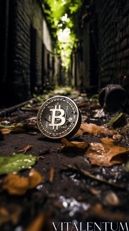 Post-Apocalyptic Bitcoin in Street with Autumn Leaves AI Image