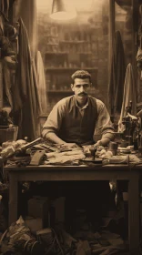 Captivating Tintype Photography: Man Working in Shoe Shop