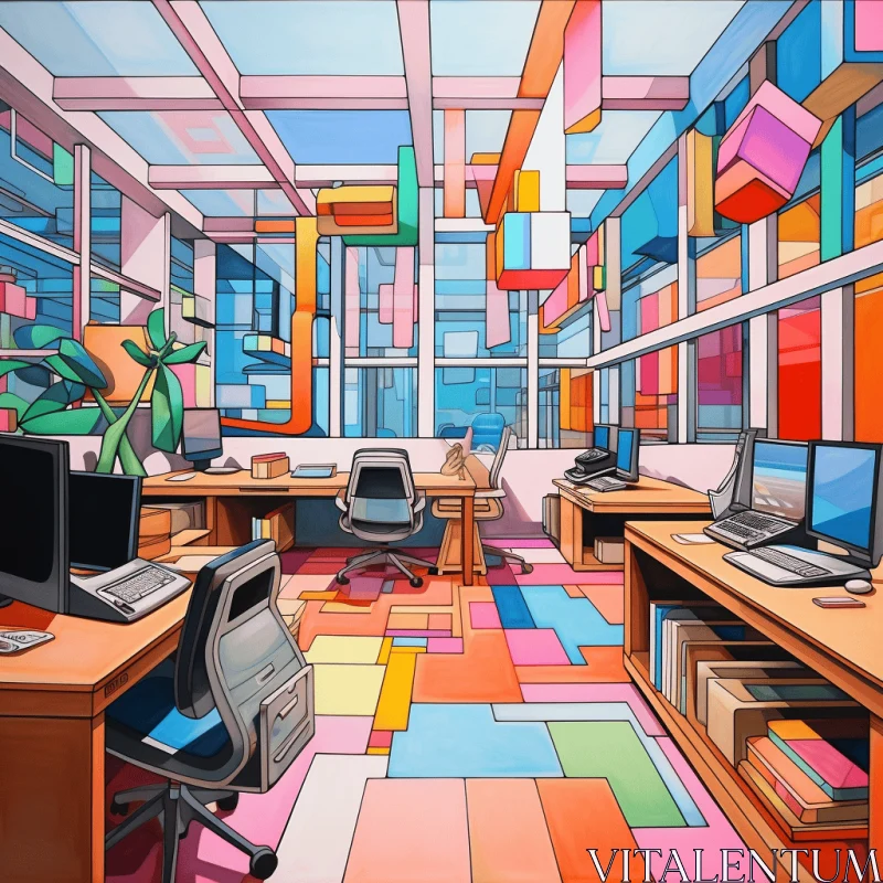 Colorful Office with Striking Digital Surrealism | Vibrant Acrylic Colors AI Image