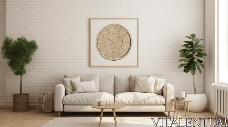 Intricately Woven Living Room with White Sofa and Wooden Frame - Circular Abstraction AI Image
