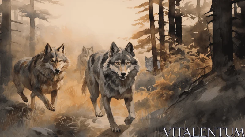 Captivating Painting of Running Wolves in Forest | Realistic Landscapes AI Image