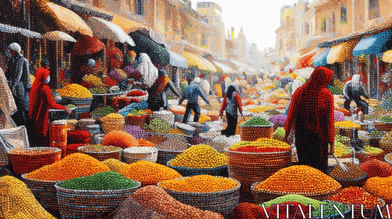 Vibrant Market Scene Painting: People and Baskets of Food AI Image