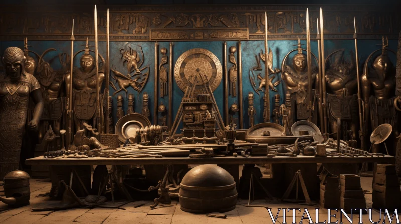 Ancient Bedroom Table: A Spectacular Fusion of Futurist Precision and Kushan Empire Backdrops AI Image