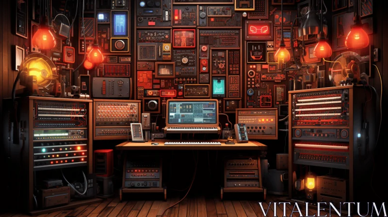 Small Studio with Electronic Items: Dark Amber and Red Illustration AI Image