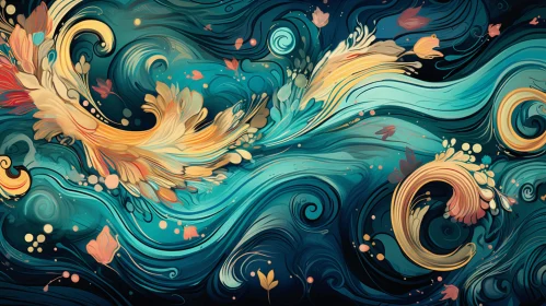 Abstract Painting with Flowing Fishes, Leaves, and Swirls