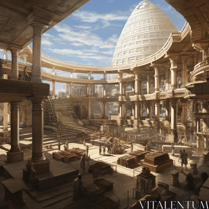 Hyper-Realistic Sci-Fi Illustration of a Prehistoric Hall in Byzantine-Inspired Style AI Image