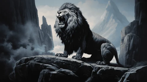Majestic Lion Roaring on Rocky Heights | Dark and Mystical Artwork