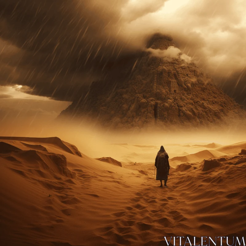 Mysterious Desert Landscape: Journey to the Enigmatic Mountain AI Image