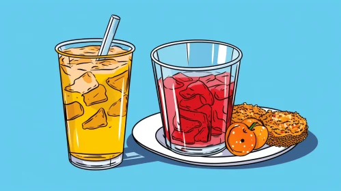Pop Art-Inspired Illustration: Glass of Orange Juice on Plate with Doughnut
