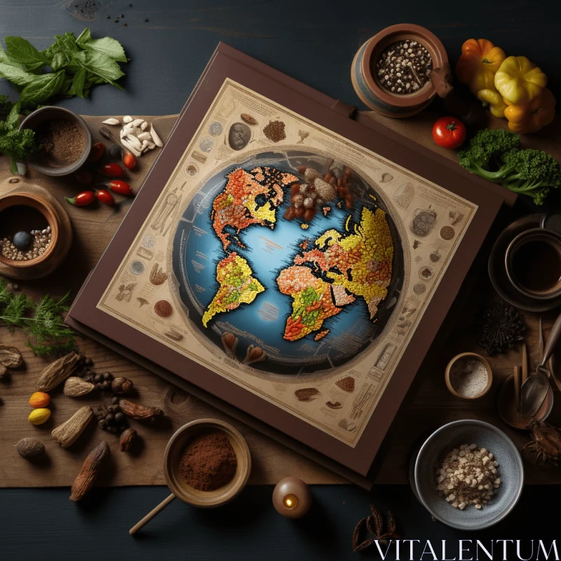 Captivating Still Life Artwork - Geographical Globe with Spices and Vegetables AI Image