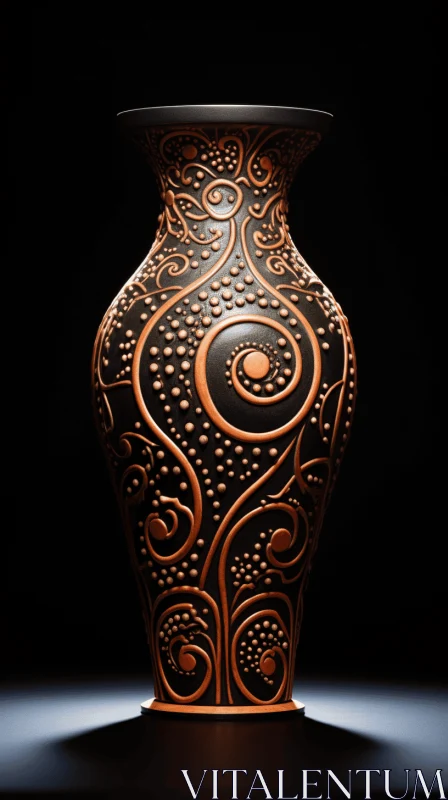 Exotic Realism: A Vase with Spirals and Curves on a Black Surface AI Image