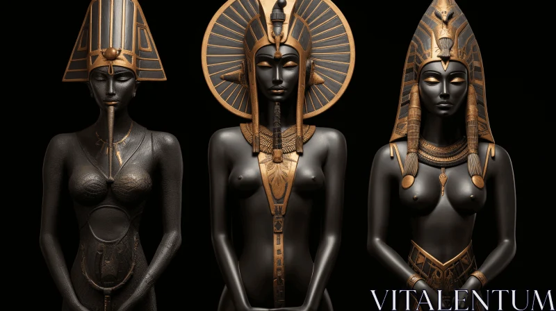 AI ART Meticulously Crafted Egyptian Women Statues in Dark Black and Gold