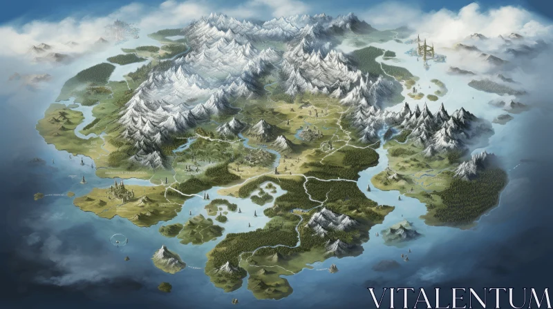 Hyperrealistic Fantasy World Map with Mountainous Vistas AI Image