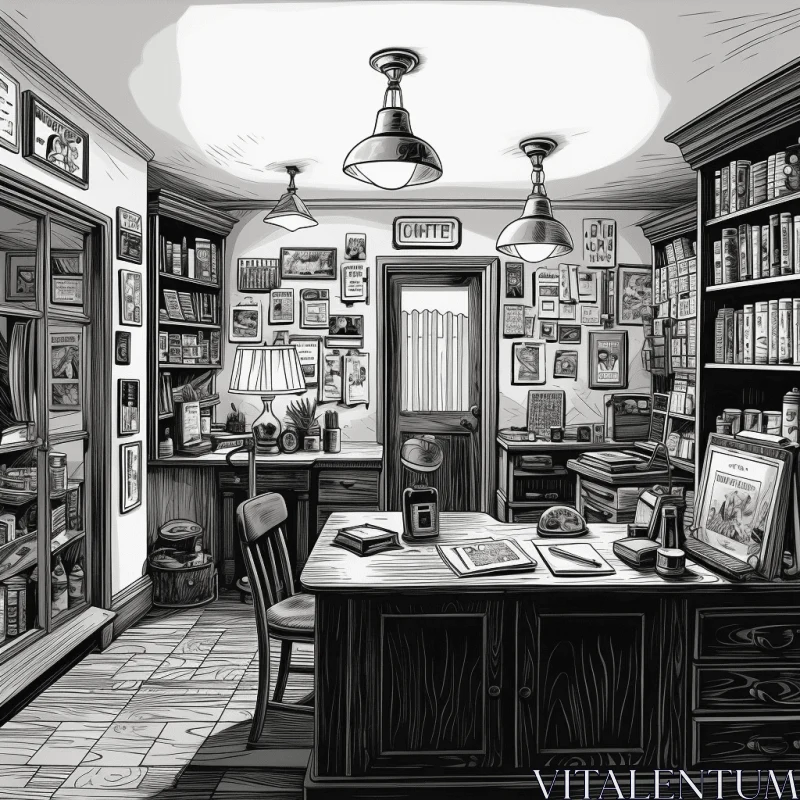 Captivating Black and White Drawing of an Old Library or Office AI Image