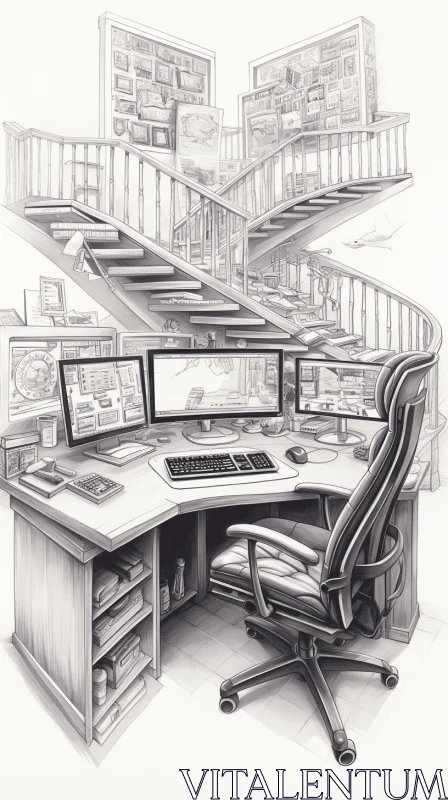 Exacting Precision in a Detailed Realistic Drawing of a Computer Desk with Monitors and Stairs AI Image