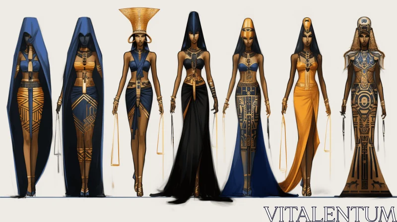 AI ART Captivating Egyptian Women in Dark Indigo and Light Gold Attire