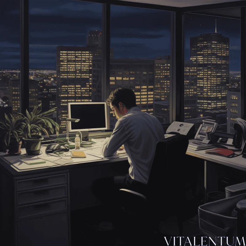 Architecture/Design: A Man Working at His Desk Under the Night Sky AI Image