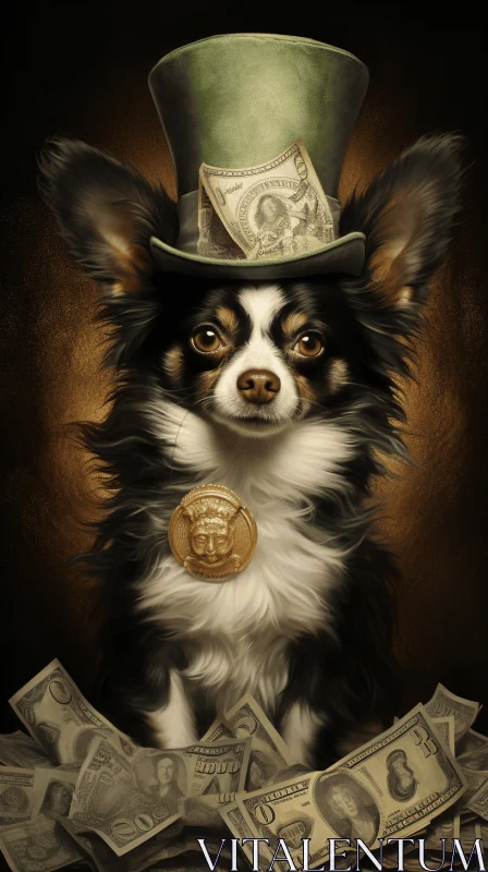 Hyperrealistic Dog Art: A Stunning Portrait of a Dog on a Pile of Money AI Image