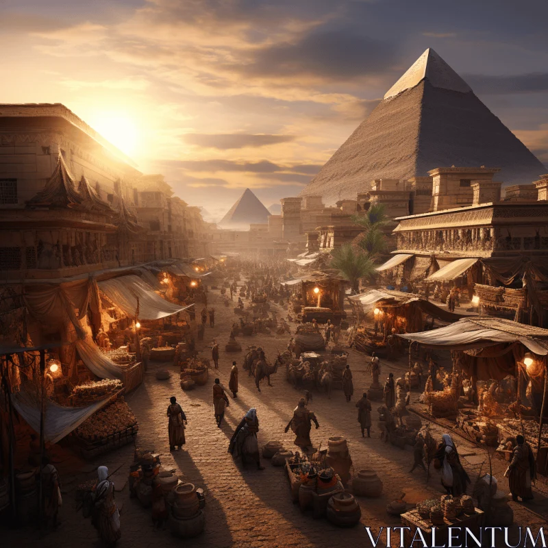 Ancient Giza Pyramids: Colorful Marketplace and Realistic Renderings AI Image