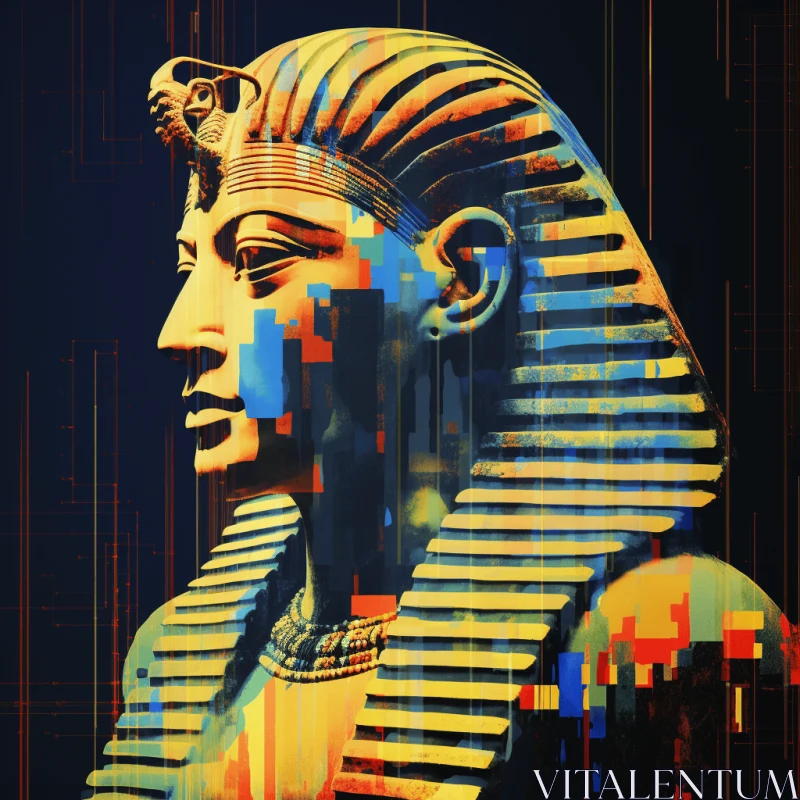 Vibrant Egyptian Pharaoh Statue with Glitch Art | Grandiose Ruins AI Image