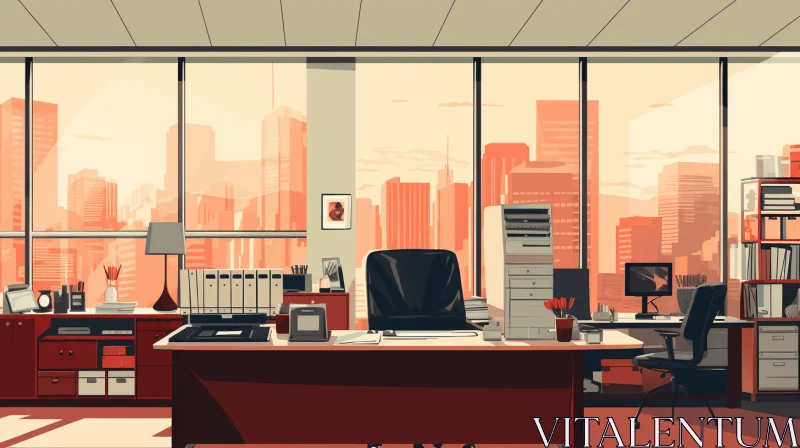 Retro-Futuristic Office Desk with Brooding Cityscapes | Warm Color Palette AI Image