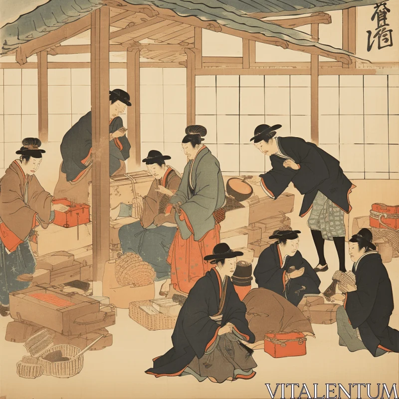 Captivating Antique Illustration of People in a Building - Japanese-Inspired Art AI Image