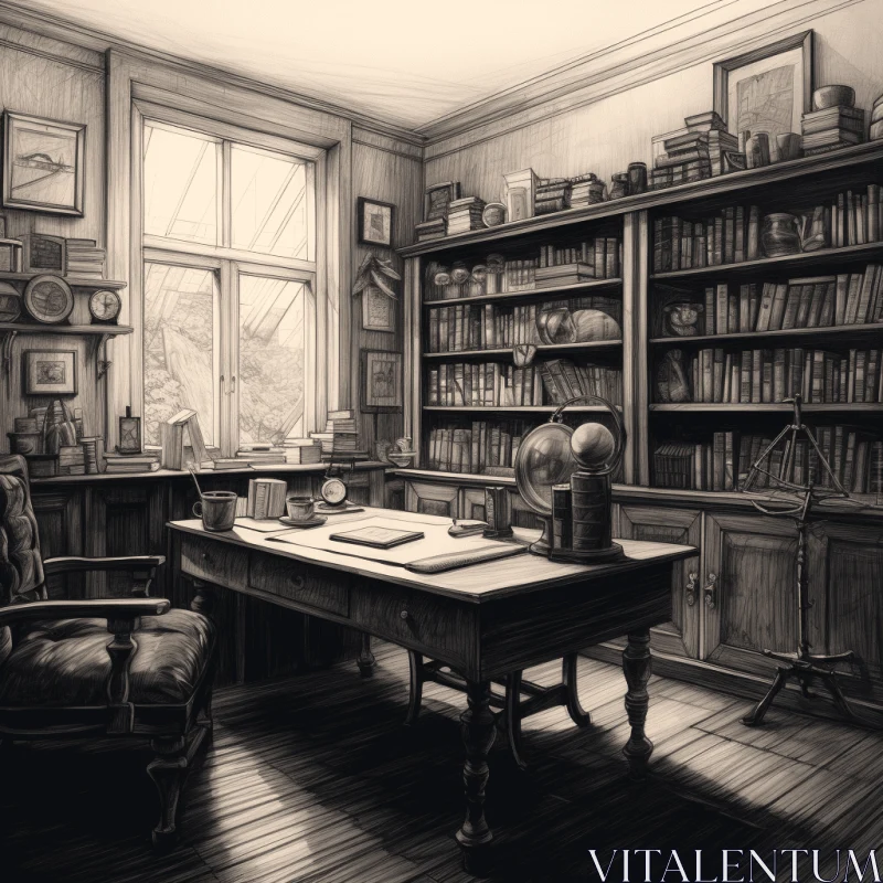 Captivating Library Room with Monochromatic Style and Detailed Scientific Subjects AI Image