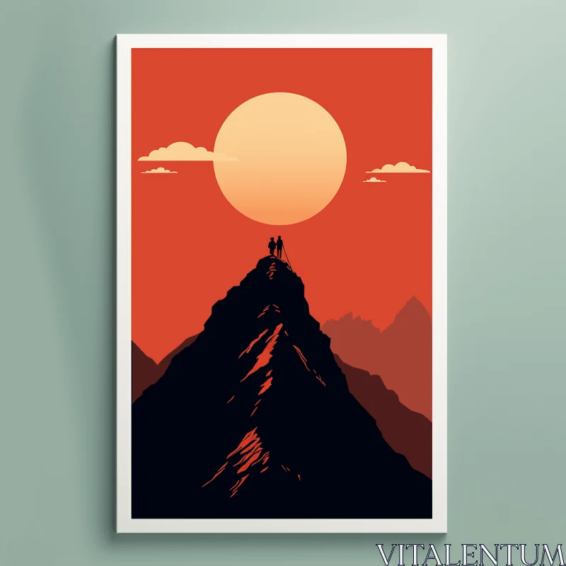 AI ART Mountain Print featuring Two People Sitting - Simplistic Vector Art