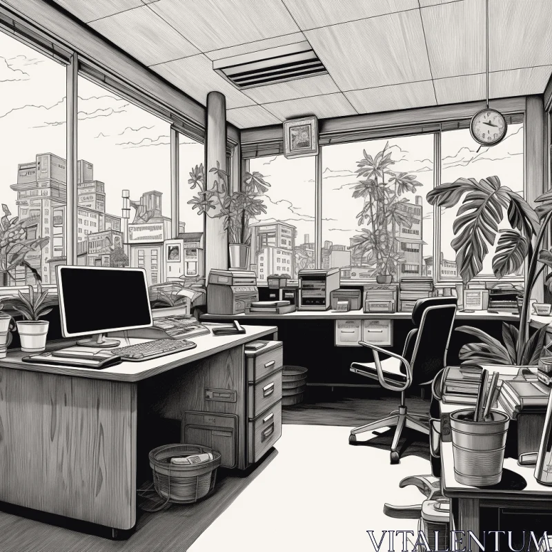 Captivating Monochromatic Manga Style Drawing of an Office with Abundant Plants AI Image