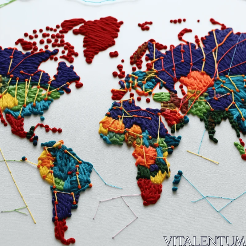 Colorful Threads World Map: Intricate Embellishments in Dark Red and Light Blue AI Image