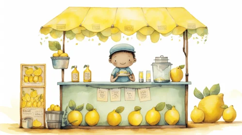 Charming Watercolor Illustration of a Lemon Shop for Children