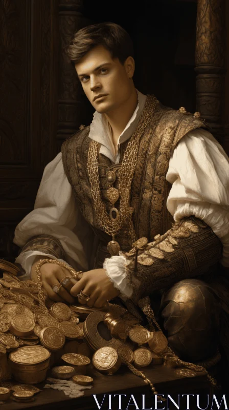 Exquisite Clothing Detail: Portrait of a Man Amidst Gold Coins AI Image