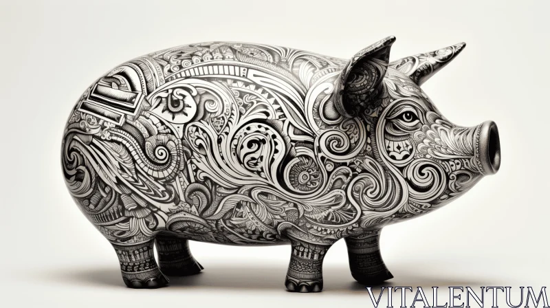 Intricate and Bizarre Illustrations of a Black and White Pig Bank AI Image