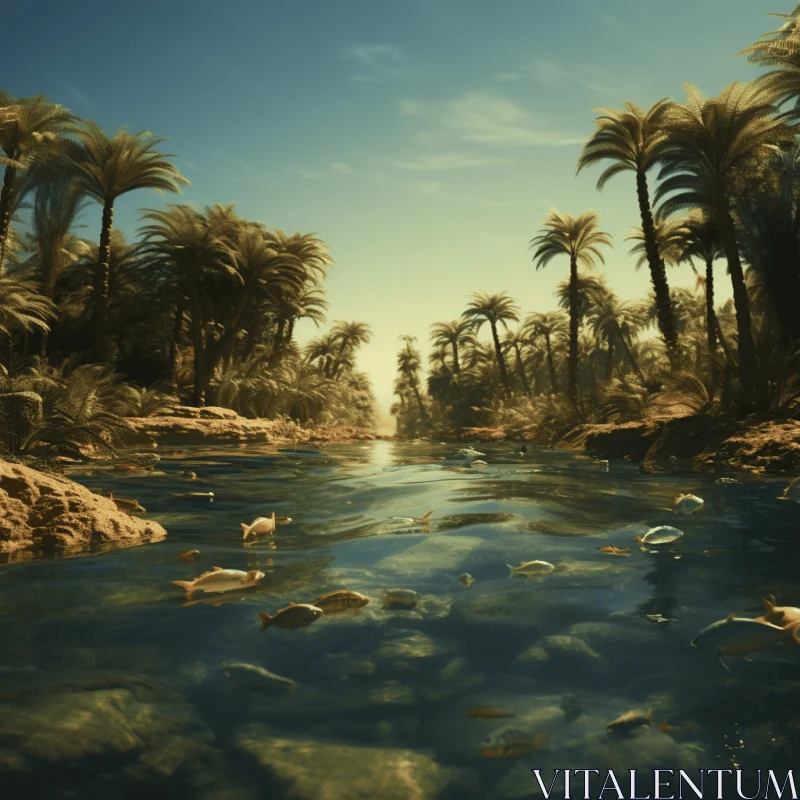 Desolate Tropical River with Palm Trees and Fish - Ancient Egypt Inspired AI Image
