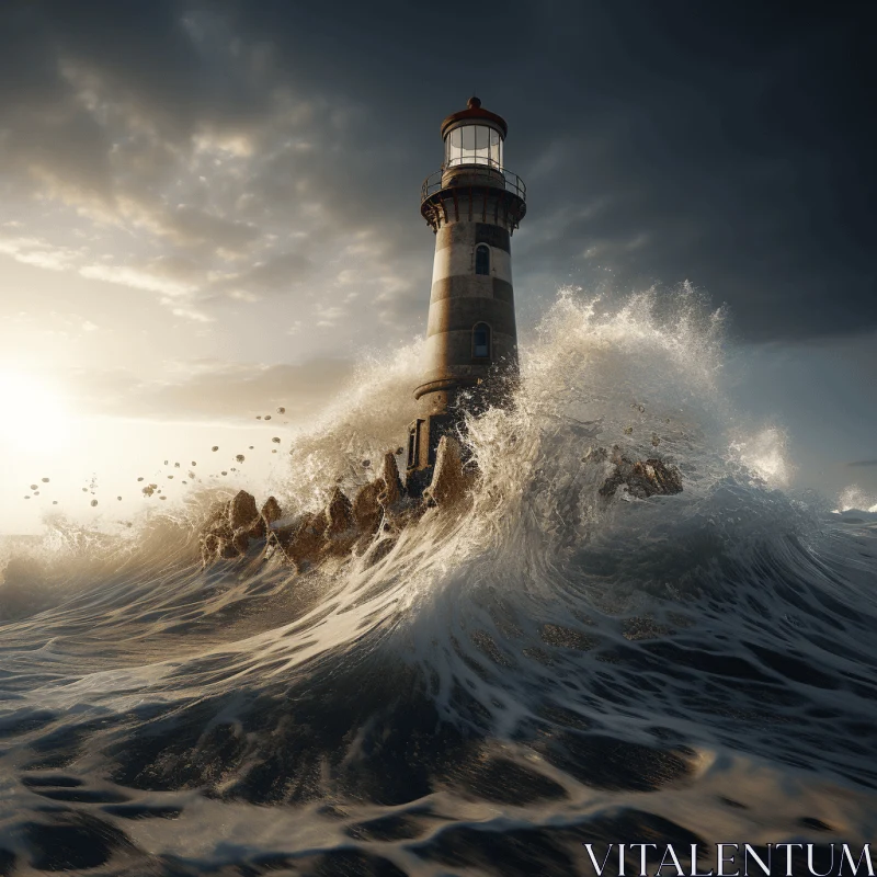 Captivating Lighthouse in the Midst of Crashing Waves AI Image